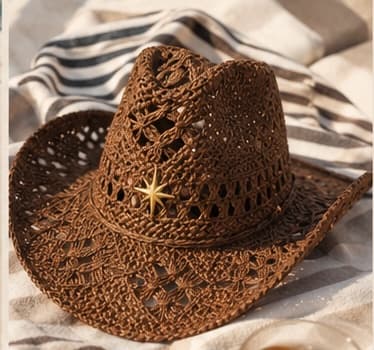 Packshot d'un cowboy ajouré paille cacao avec étoile dorée brodée sur tissu rayé