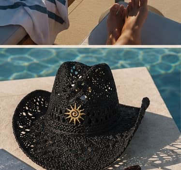 Luna — packshot cowboy ajouré paille encre étoile dorée au bord de la piscine