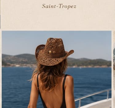 Femme de dos portant un chapeau cowboy ajouré paille naturelle étoile dorée, vue sur la baie de Saint-Tropez depuis un yacht